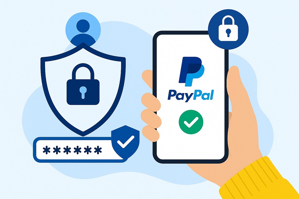 Ilustracija ruke koja drži telefon sa PayPal logoom i simbolima zaključavanja za bezbedno korišćenje