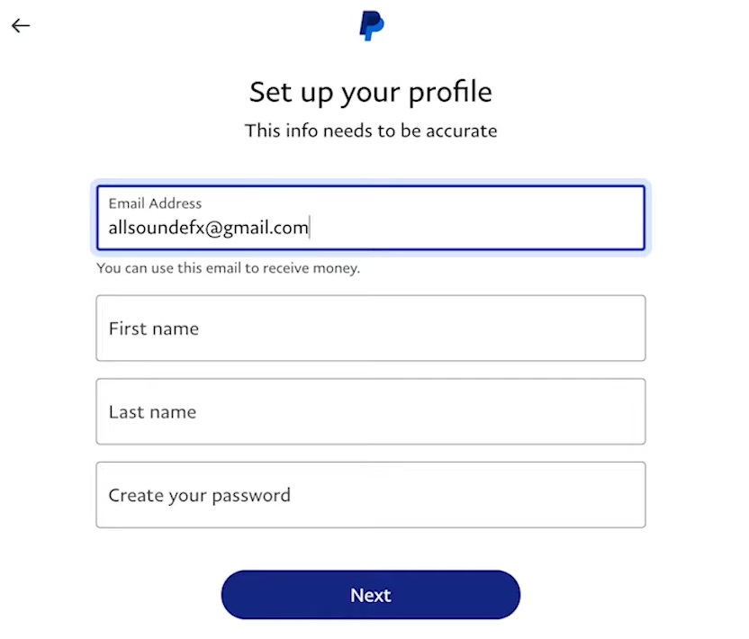 PayPal forma za unos e-mail adrese, imena i kreiranje lozinke tokom otvaranja naloga