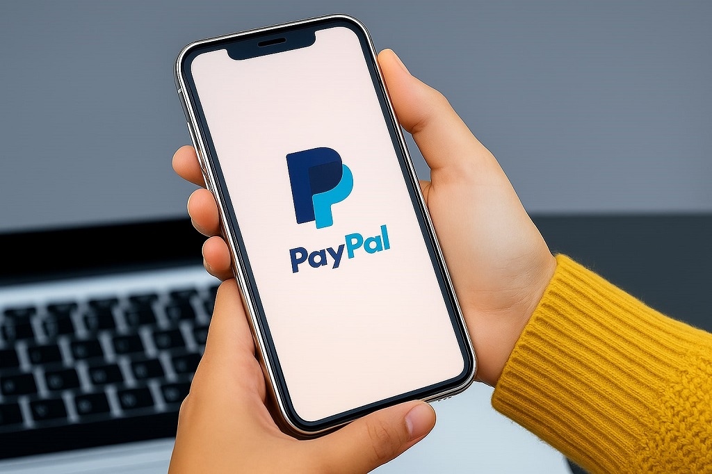 Osoba drži pametni telefon na kojem je prikazan PayPal logo, ispred laptopa