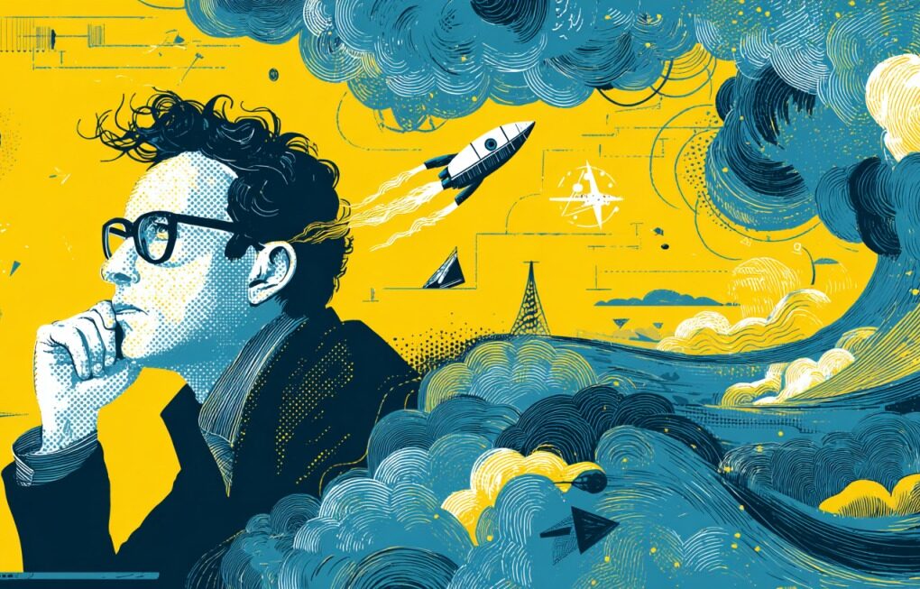 Ilustracija osobe koja razmišlja uz raketu i tehnološke simbole u pozadini.