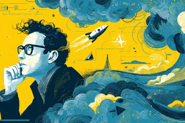 Ilustracija osobe koja razmišlja uz raketu i tehnološke simbole u pozadini.