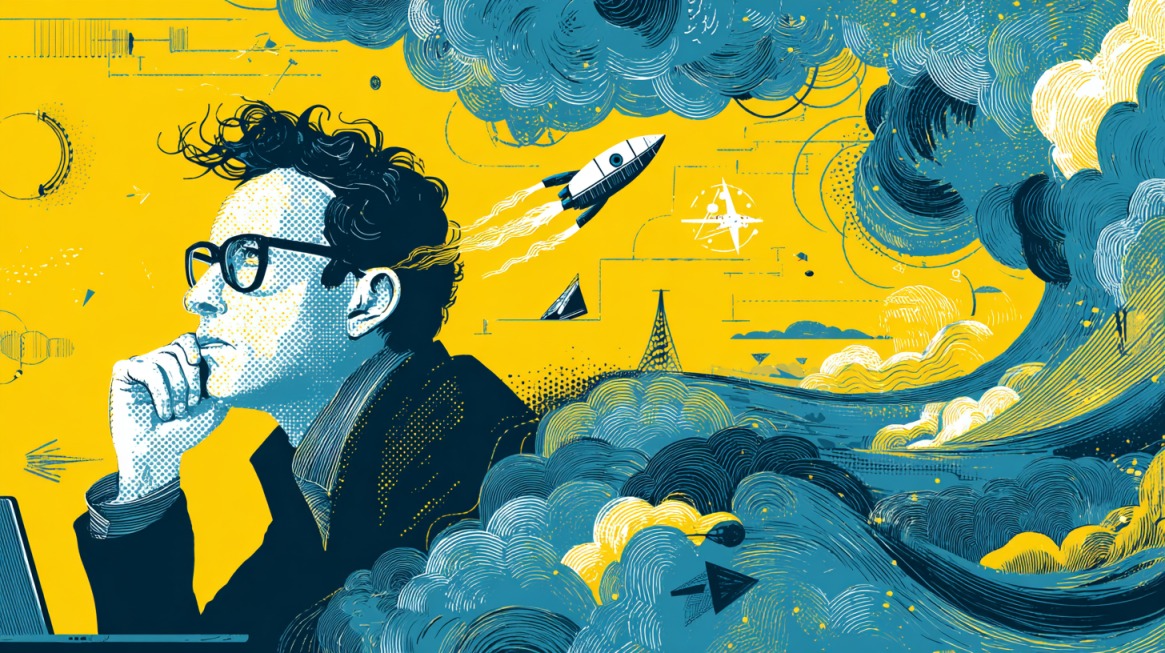 Ilustracija osobe koja razmišlja uz raketu i tehnološke simbole u pozadini.
