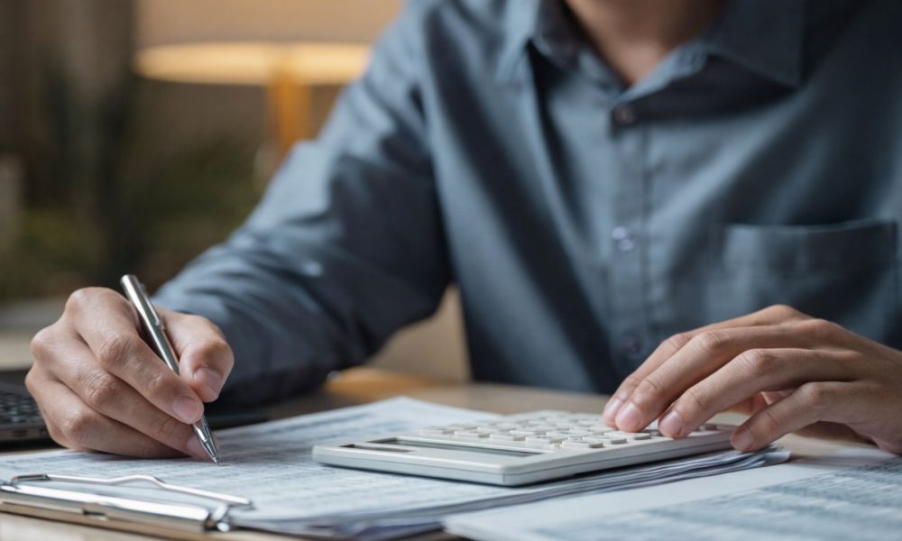 Osoba koristi kalkulator i pregledava finansijske dokumente kako bi izračunala različite poreske obaveze vezane za nekretnine