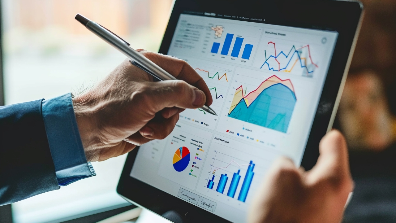 Osoba analizira grafikone i podatke iz CRM sistema na tabletu
