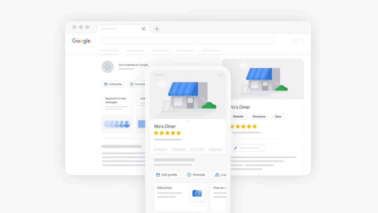 Google Business profil lokalnog restorana prikazan na računaru i mobilnom telefonu