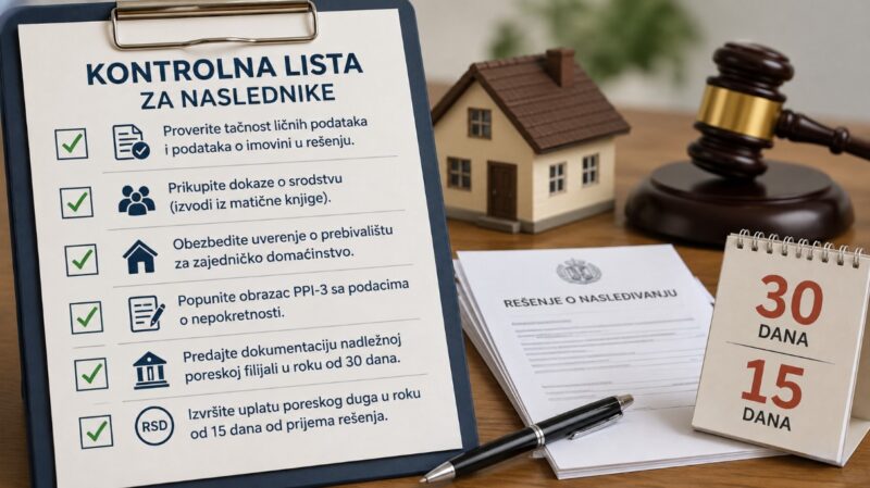 Kontrolna lista sa koracima za naslednike, dokumentacijom, modelom kuće i rokovima od 30 i 15 dana.