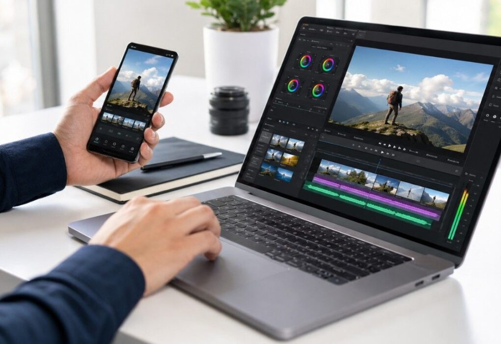 Osoba montira video na laptopu dok na telefonu pregleda snimak planinara, uz otvoren program za obradu videa i zvuka