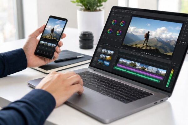 Osoba montira video na laptopu dok na telefonu pregleda snimak planinara, uz otvoren program za obradu videa i zvuka