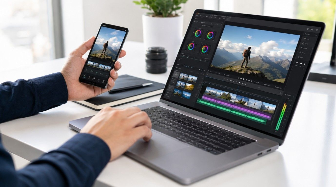 Osoba montira video na laptopu dok na telefonu pregleda snimak planinara, uz otvoren program za obradu videa i zvuka