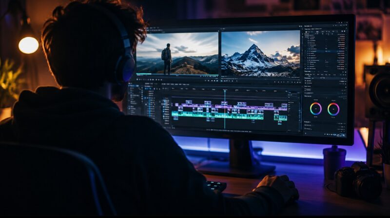 Video montažer sa slušalicama uređuje snimke prirode na računaru u programu za video montažu