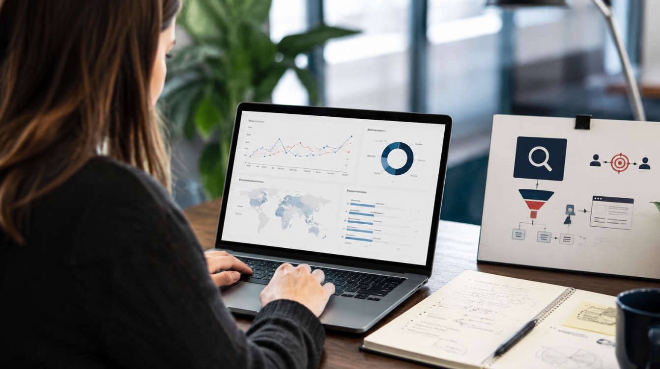 Žena pregleda marketinšku analitiku i plan kampanje na laptopu