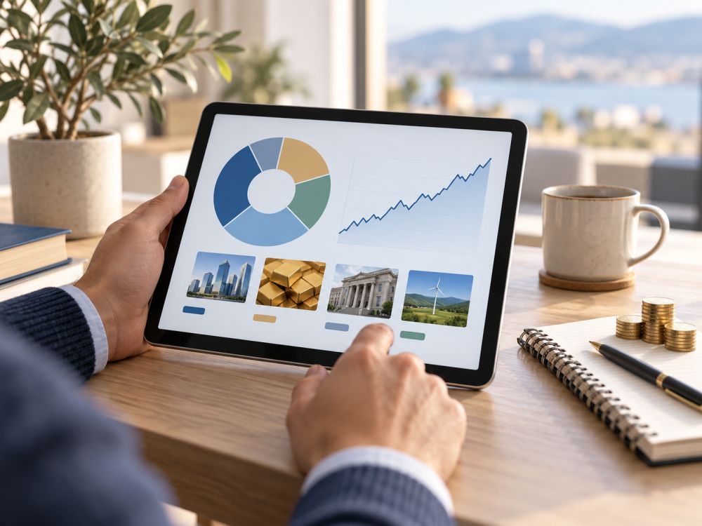 Osoba na laptopu analizira grafikone raznovrsnog investicionog portfolija.
