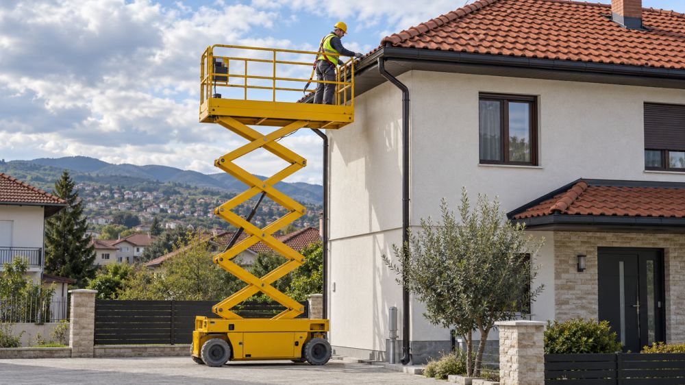 Radnik na žutoj makazastoj platformi pregleda oluke i ivicu krova porodične kuće.